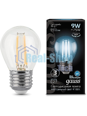 Лампа светодиодная филаментная Gauss 9Вт цок.: E27 шар 220B 4100K св. свеч. белый ней. G45 (упак.: 10 шт)