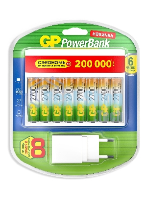 Аккумулятор + зарядное устройство GP PowerBank 270AAHC/CPBXL-2CR8 AA NiMH 2700mAh (8шт) блистер