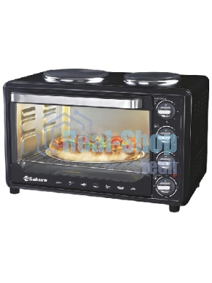 Мини-печь Sakura SA-7001HBK 35л, 3200Вт, духовка 1600Вт, конфорки 185мм+155мм (1000Вт+600Вт), механ.управление, 3 режима работы духовки (верх, низ, верх+низ), раздельная регулировка температуры духовки и конфорок, комплектация - металлическая решетка, противень и ухват. чёрны