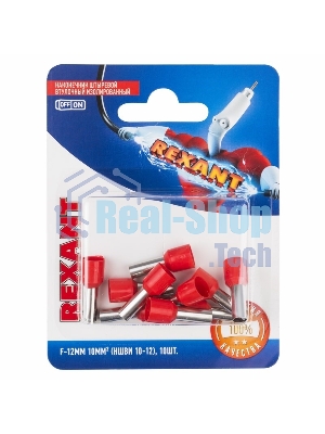 Наконечник штыревой втулочный Rexant изолированный, F-12 мм, 10 мм², НШВи 10-12/E10-12, красный, в упак. 10 шт.