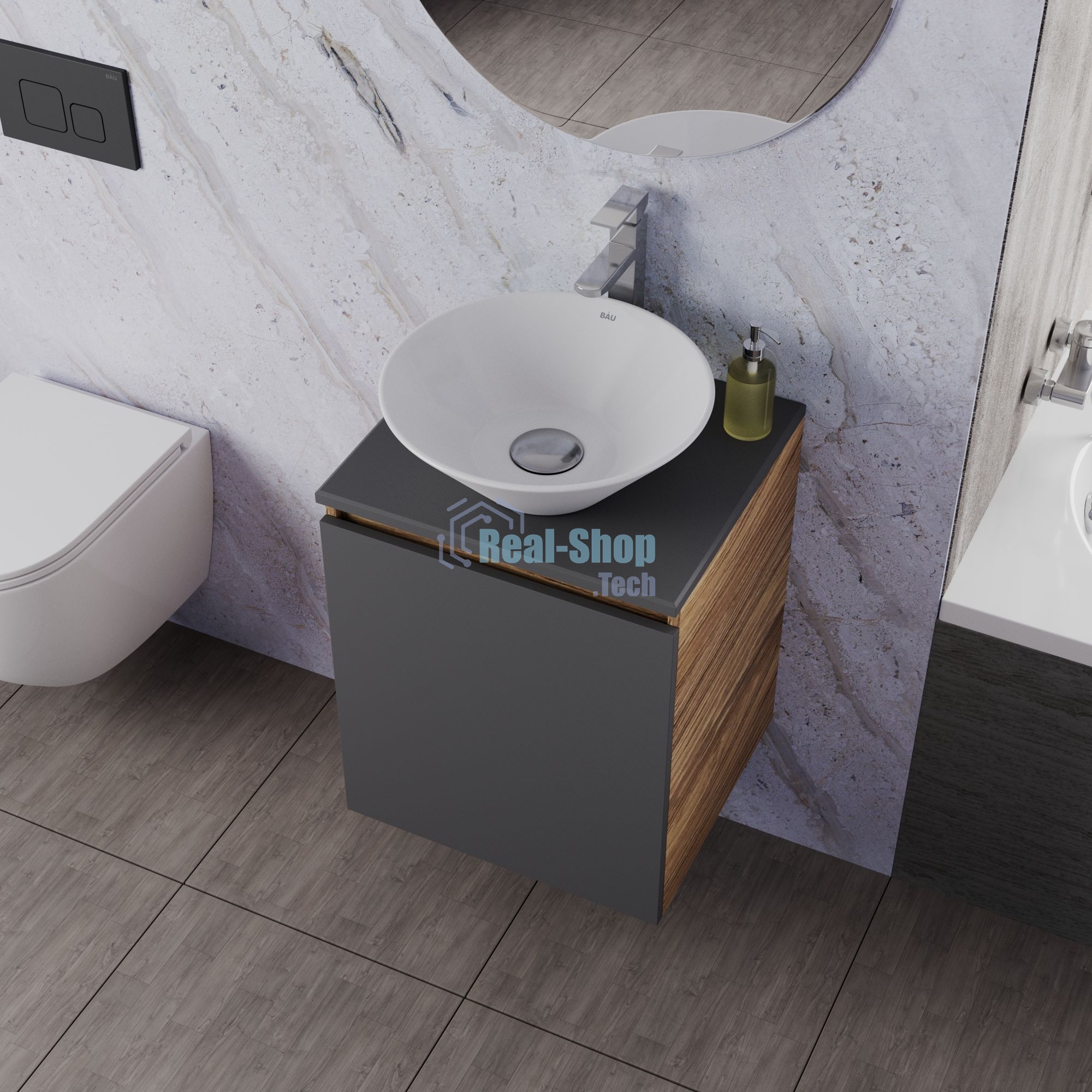 Тумба Bau Dream Blackwood 50 графит, раковина BAU Dream D43, смеситель для раковины высокий Hotel Still, нержавеющая сталь, выпуск клик клак, хром