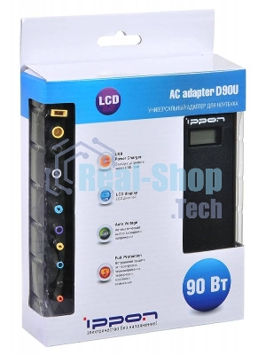 Блок питания Ippon D90U автоматический 90W 15V-19.5V 10-connectors 8A 1xUSB 2.1A от бытовой электросети LСD индикатор