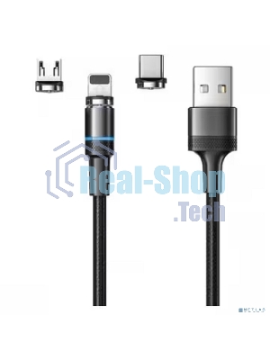 Кабель USB Rexant 3в1 со съемными магнитными портами, Type-С (2A), Lightning (2,4A), Micro USB (2A), 1,2м, в черной оплетке, с LED подсветкой