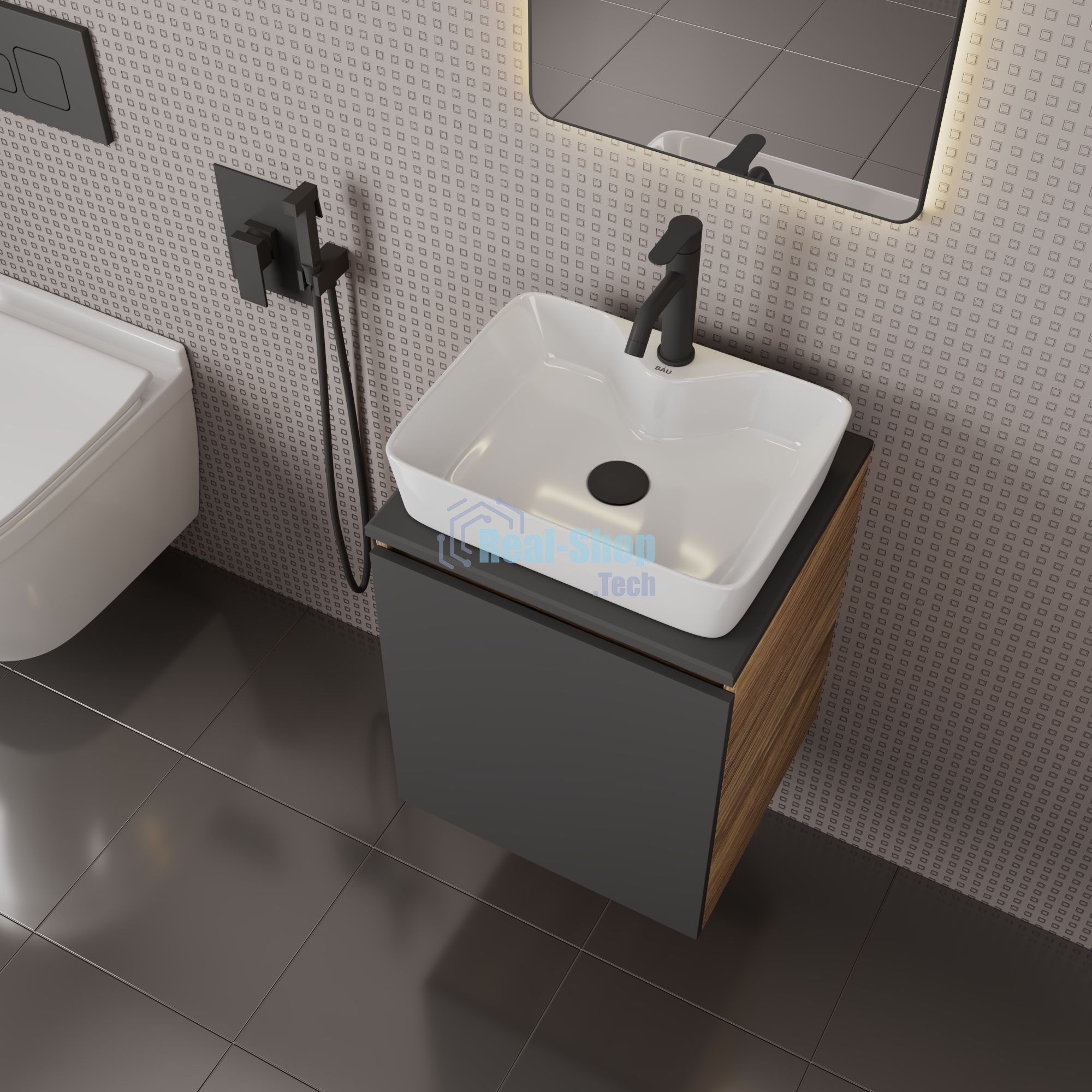 Тумба Bau Dream Blackwood 50 графит, раковина BAU Cerama 48х37 белая, смеситель Hotel Dream Black, нерж. сталь, черный, выпуск клик клак черный