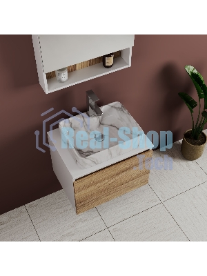 Комплект: тумба Bau Dream Blackwood 60, 1 ящик, раковина прямоугольная BAU Cerama 48х37, мрамор, смеситель Hotel Stil, нерж сталь, выпуск клик клак хром