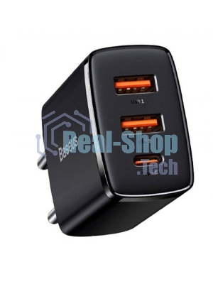 Сетевое зарядное устройство BASEUS Compact Quick Charger, два порта USB, один порт Type-C, 30W, 5V, 3.0A, черный