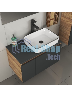 Комплект для ванной, 4 предмета (тумба Bau 80, графит + раковина BAU Hotel Black Rand 48х37 + смеситель Hotel Black, выпуск клик-клак, черный)