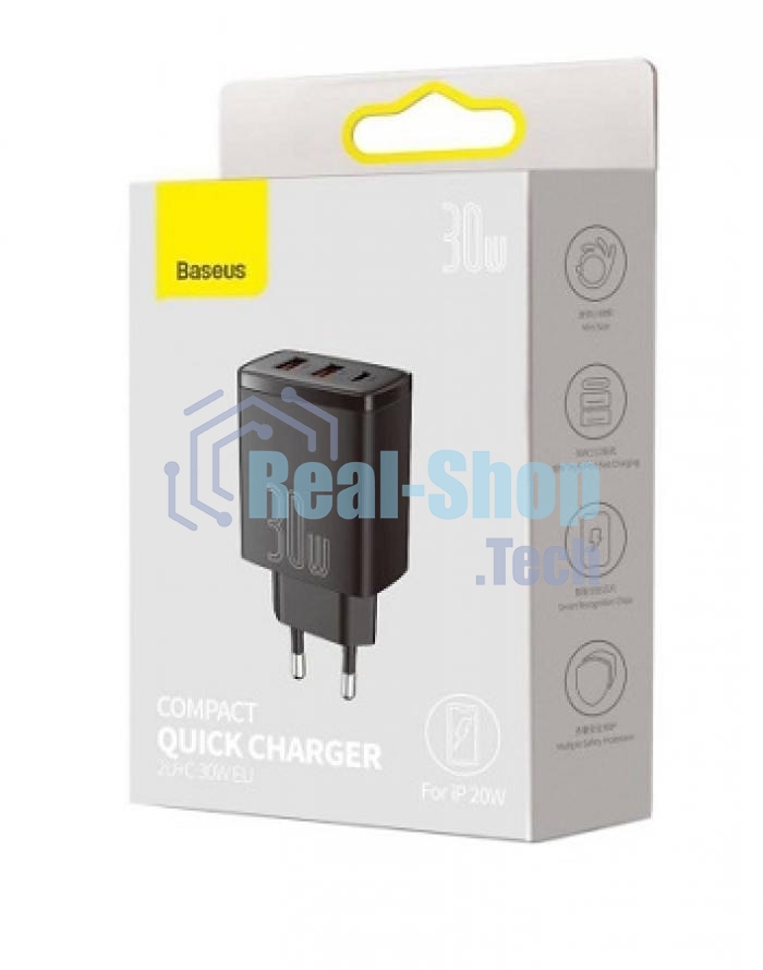 Сетевое зарядное устройство BASEUS Compact Quick Charger, два порта USB, один порт Type-C, 30W, 5V, 3.0A, черный