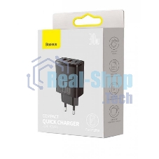 Сетевое зарядное устройство BASEUS Compact Quick Charger, два порта USB, один порт Type-C, 30W, 5V, 3.0A, черный