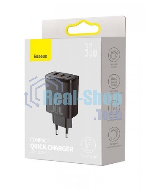 Сетевое зарядное устройство BASEUS Compact Quick Charger, два порта USB, один порт Type-C, 30W, 5V, 3.0A, черный