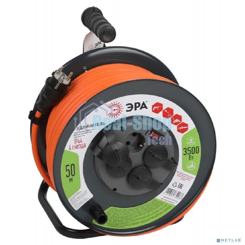 Удлинитель силовой ЭРА RMx-4es-3x2.5-50m-IP44 на металлической катушке с заземлением с выключателем 4 розетки 50 м ПВС