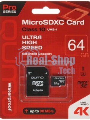 Флеш карта QUMO MicroSDXC 64Gb 90/45 МБ/с UHS-I U3, Pro seria 3.0, адаптер в комплекте SD, красная картонная упаковка