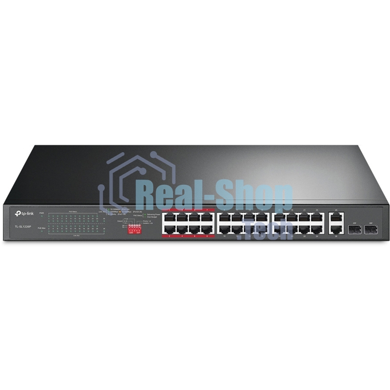 Коммутатор 24-port 10/100Mbps Unmanaged PoE+ Switch with 2 combo RJ-45/SFP uplink ports, metal case, rack mount, 24 802.3af/at compliant PoE+ ports, 2 gigabit combo RJ-45/SFP uplink ports, DIP switches for Extend mode, Isolation mode and Priority mode, up to 25