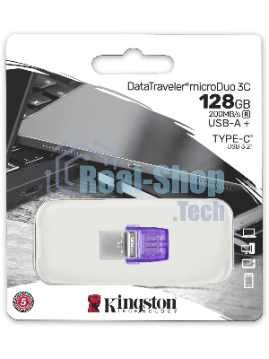 Флешка USB Kingston DataTraveler microDuo 3C (DTDUO3CG3/128Gb), 128Gb, USB 3.2 Gen 1/Type-C, R/W 200/15, фиолетовый