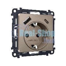 Комплект механизма электрической розетки ALFA Темная бронза матовый 2USB A+C 20W (быстрая зарядка) с/з QUANT (AP6400, VM160) MA640010