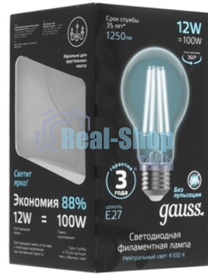 Лампа cветодиодная Gauss Filament А60 12W 1250lm 4100К Е27 LED 1/10/40