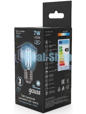 Лампа светодиодная филаментная Gauss 7Вт цок.: E27 шар 220B 4100K св. свеч. бел. нейт. G45 (упак.: 10 шт)