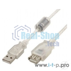 Кабель-удлинитель USB2.0 Pro Cablexpert CCF-USB2-AMAF-TR-15, AM/AF, 4,5м, экран, 2феррит.кольца, прозрачный, пакет
