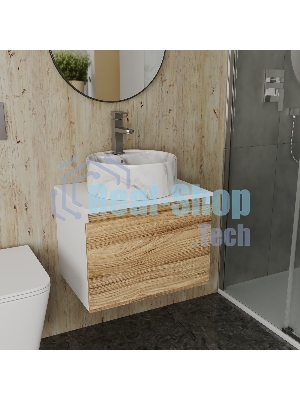 Комплект: тумба Bau Dream Blackwood 60, 1 ящик, Раковина круглая накладная BAU Element D41, мрамор, смеситель Hotel Stil, нерж сталь
