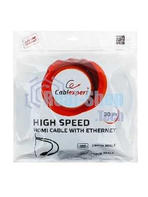 Кабель Cablexpert HDMI CC-HDMI4-30M, 19M/19M, v1.4, медь, позол.разъемы, экран, усилитель сигнала, 30м, черный, пакет