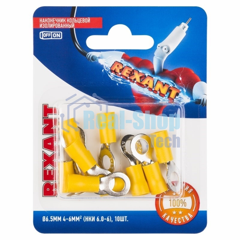 Наконечник кольцевой Rexant изолированный, ø6.5мм, 4-6мм², НКи 6.0-6/НКи5,5-6/RV5.5-6, желтый, в упак. 10 шт.
