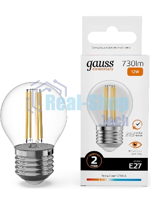Лампа филам. Gauss Filament 12Вт цок.:E27 шар св.свеч.бел.теп. (упак.:10шт) (52212)