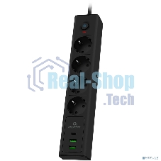 Сетевой фильтр Cablexpert Exnovo, EXN-4-CU2-B-2, 4р,16А, 1xType-C PD, 30Вт, 2хUSB, 2 м, ур. защиты 4+, черный, коробка