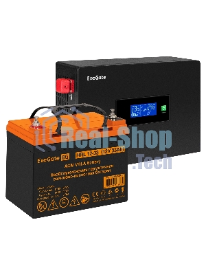 Комплект Источник бесперебойного питания EX295992RUS + батарея 33Aч EX285664RUS 1шт (инвертор, синус, для котла, PF=1, настенный) ExeGate IdealSine SR-600.LCD.2SH <600VA/600W, чистая синусоида, цветной LCD-дисплей, 2*Schuko, крепление настенное, Black> + батарея ExeGate HRL 12-33 (12В, 33Ач) 1шт
