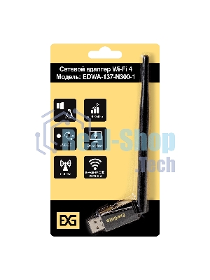 Сетевой адаптер Wi-Fi 4 ExeGate EDWA-137-N300-1 (Беспроводной USB адаптер, Wi-Fi N (b/g/n), чипсет Realtek8192, до 300 Мбит/с на 2,4 ГГц, внешняя 3dBi антенна, USB 2.0)