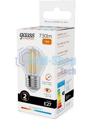 Лампа филам. Gauss Filament 12Вт цок.:E27 шар св.свеч.бел.теп. (упак.:10шт) (52212)