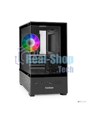 Компьютерный корпус Minitower ExeGate i3 SEA (mATX, без БП, 1*USB+1*USB 3.0, HD аудио, черный, 1 вент. 12см с RGb подсветкой, передняя и боковая панели - закаленное стекло)