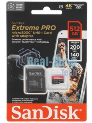 Флеш карта microSD 512Gb SanDisk microSDXC Class 10 UHS-I A2 C10 V30 U3 Extreme Pro (SD адаптер) 200Mb/s