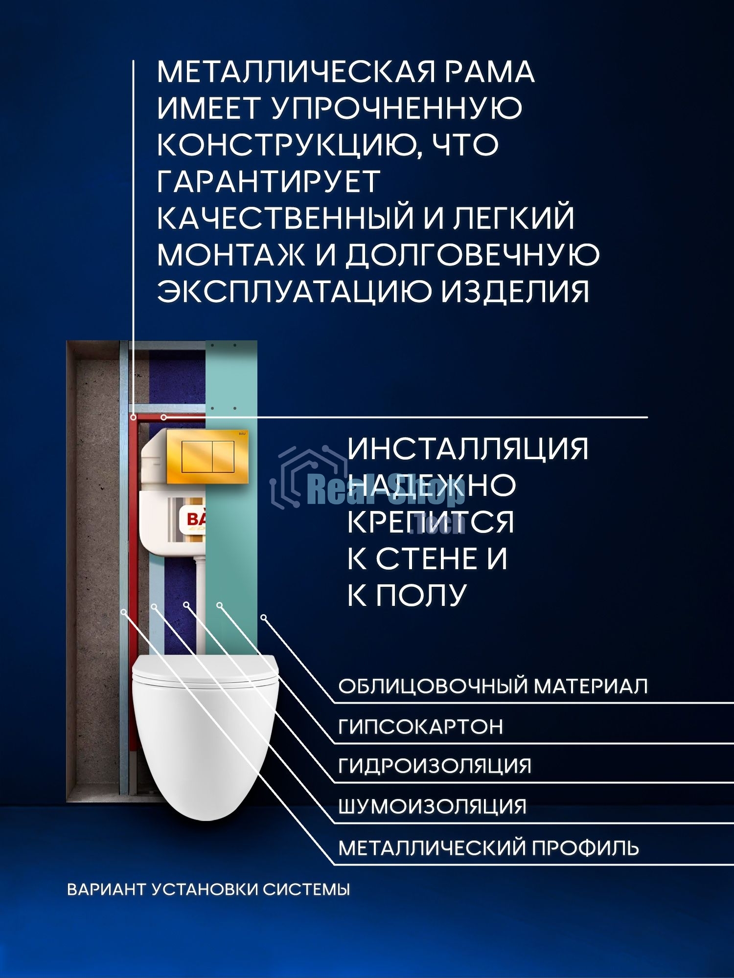 Комплект BAU 6 в 1: рамная инсталляция BAU NEO 45, унитаз подвесной безободковый вихревой со скрытым сливом Bau Dream Hurricane3, сиденье дюропласт микролифт, кнопка смыва BAU Stil, золото