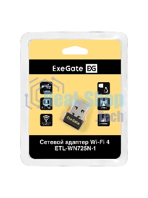 Сетевой адаптер Wi-Fi 4 ExeGate ETL-WN725N-1 (Беспроводной USB адаптер, Wi-Fi N (b/g/n), чипсет Realtek8188, до 150 Мбит/с на 2,4 ГГц, внутренняя антенна, USB 2.0)