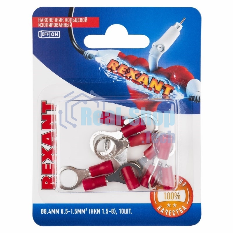 Наконечник кольцевой Rexant изолированный, ø8.4 мм, 0.5-1.5 мм², НКи 1.5-8/НКи 1,25-8/RV1.25-8, красный, в упак. 10 шт.