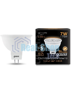 Лампа светодиодная Gauss Black 7Вт цок.:GU5.3 рефлек. 220B 3000K св.свеч.бел.теп. MR16 (упак.:10шт) (101505107)