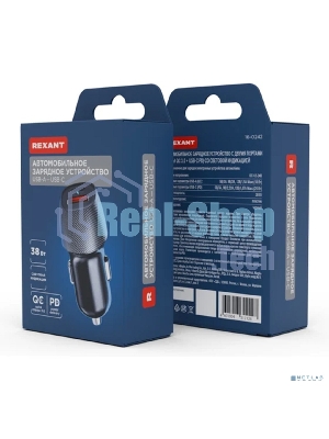 Автомобильное зарядное устройство с двумя портами Rexant (USB-A QC 3.0 + USB-C PD) со световой индикацией, 38Вт, черное