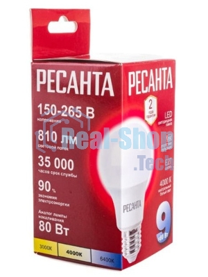 Лампа светодиодная Ресанта LL-R-A60-9W-230-4K-E27 груша, 9 Вт, нейтр., Е27