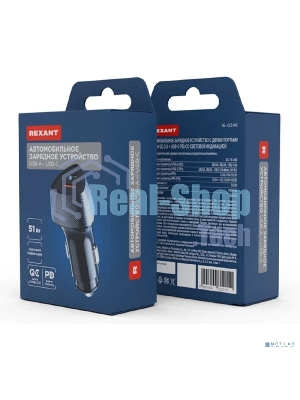 Автомобильное зарядное устройство с двумя портами Rexant (USB-A QC 3.0 + USB-C PD) со световой индикацией, 51Вт, черное