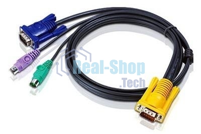 Шнур, мон+клав+мышь PS/2, SPHD15=>HD DB15+2x6MINI-DIN ATEN (2L-5202P) Male-3xMale, 8+6+6 проводов, опрессованный, 1.8 метр., черный