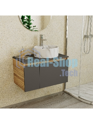 Комплект: тумба подвесная Bau Dream Blackwood графит 80, 1 ящик, дверца слева, раковина круглая накладная BAU Element D41, мрамор, смеситель Hotel Stil, нерж сталь