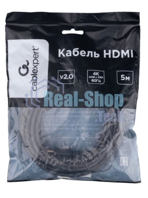 Кабель HDMI Cablexpert CC-HDMI4L-5M, 19M/19M, v2.0, Light, позол.контакты, экран, 5м, черный, пакет