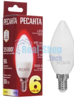 Лампа светодиодная Ресанта LL-R-C37-6W-230-3K-E14 свеча, 6 Вт, теплый, Е14