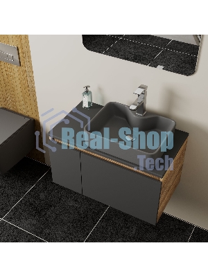 Комплект: тумба Bau Dream Blackwood графит 80, раковина BAU Cerama 48х37, темно-серая, смеситель Hotel Stil, нерж сталь, выпуск клик клак хром