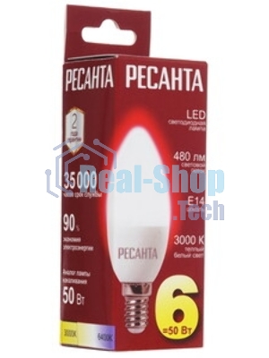 Лампа светодиодная Ресанта LL-R-C37-6W-230-3K-E14 свеча, 6 Вт, теплый, Е14