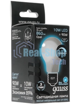 Лампа светодиодная Gauss Filament A60 E27 10Вт 4100К OPAL диммир