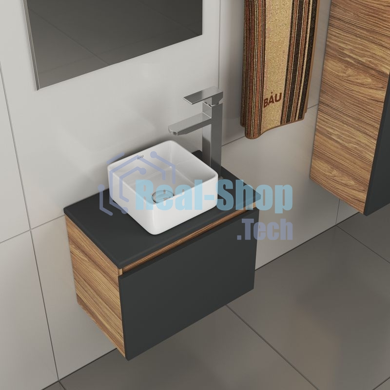 Комплект для ванной, 4 предмета (тумба Bau 50, графит + раковина BAU Hotel mini 24х24 + смеситель Hotel Still, выпуск клик-клак, хром)