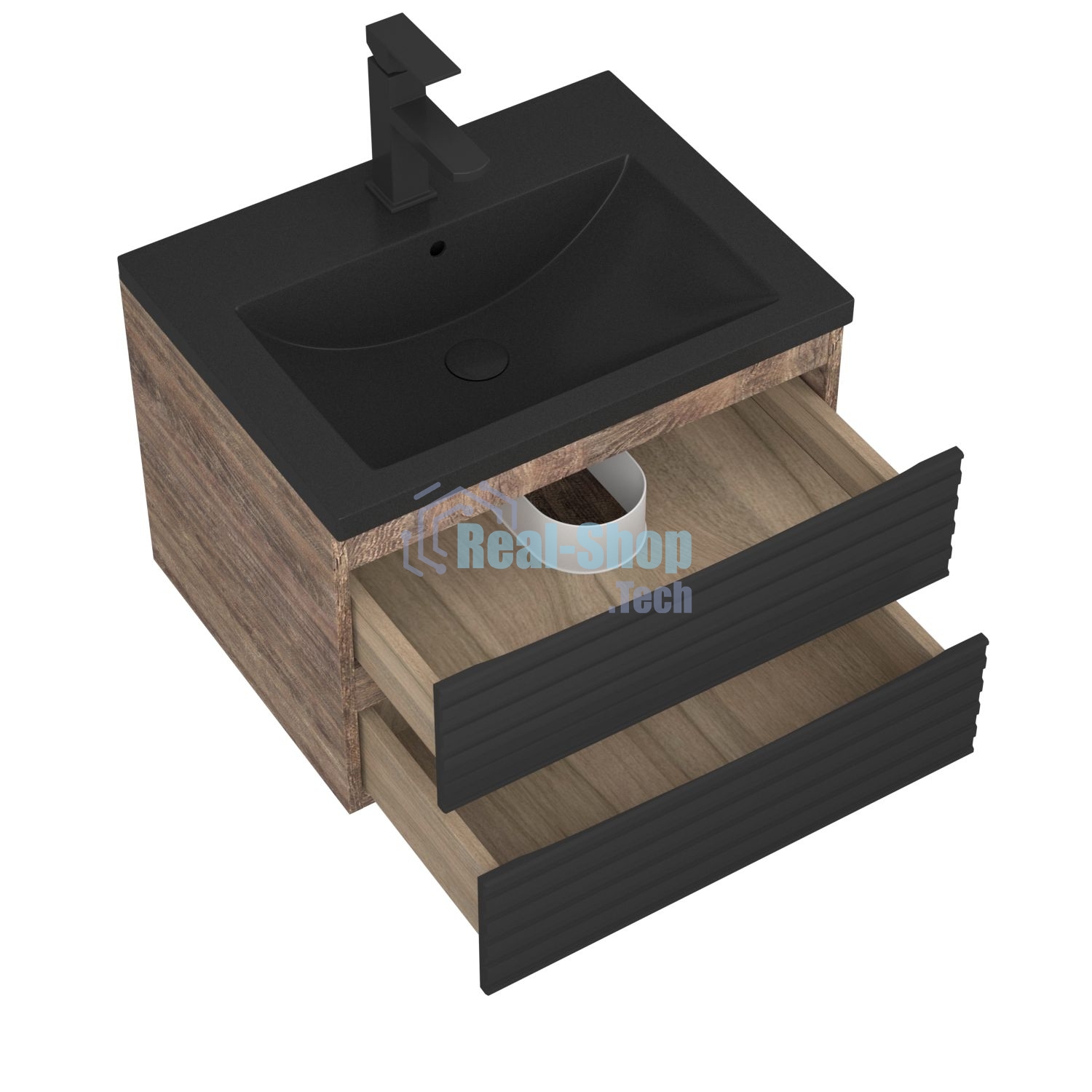 Тумба под раковину Bau Stil Loft black brushed, раковина кварцевая BAU Stil 58, черный металлик, смеситель Hotel Black, черный
