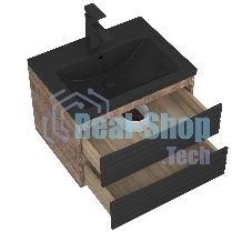Тумба под раковину Bau Stil Loft black brushed, раковина кварцевая BAU Stil 58, черный металлик, смеситель Hotel Black, черный