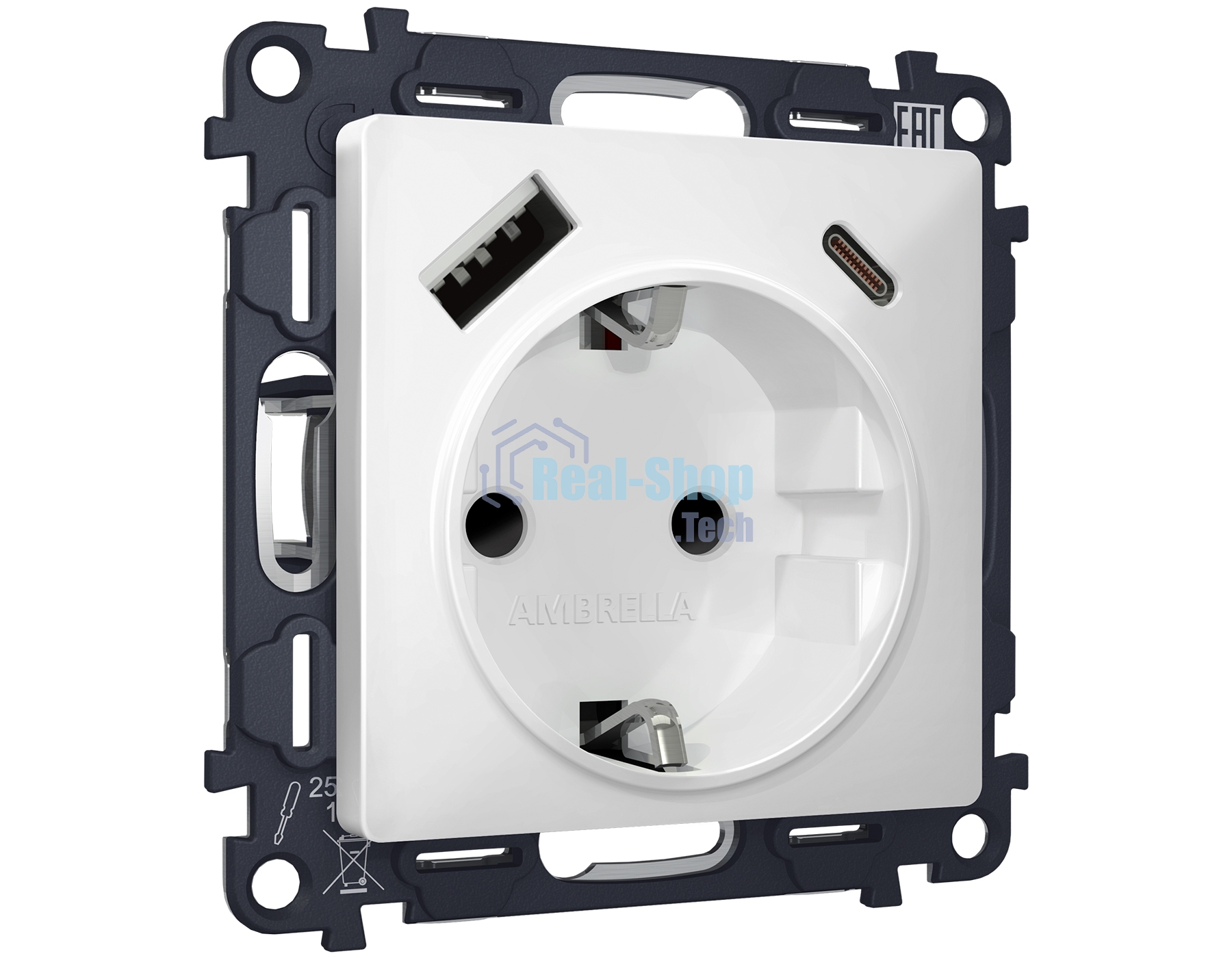 Комплект механизма электрической розетки ALFA Белый матовый 2USB A+C 20W (быстрая зарядка) с/з QUANT (AP1300, VM160) MA130010